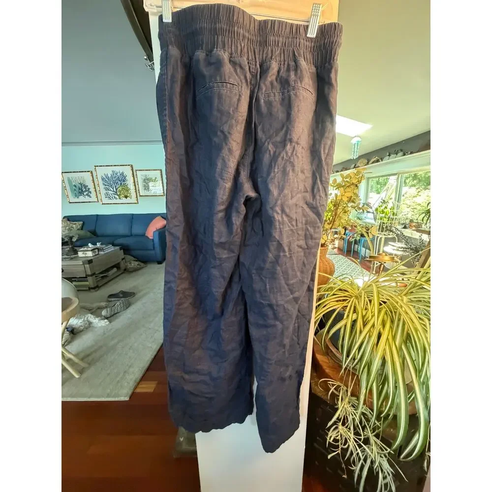 Quince 100% Linen Wide‎ Leg Pants Navy Blue Drawstring Pull On Coastal Women S
